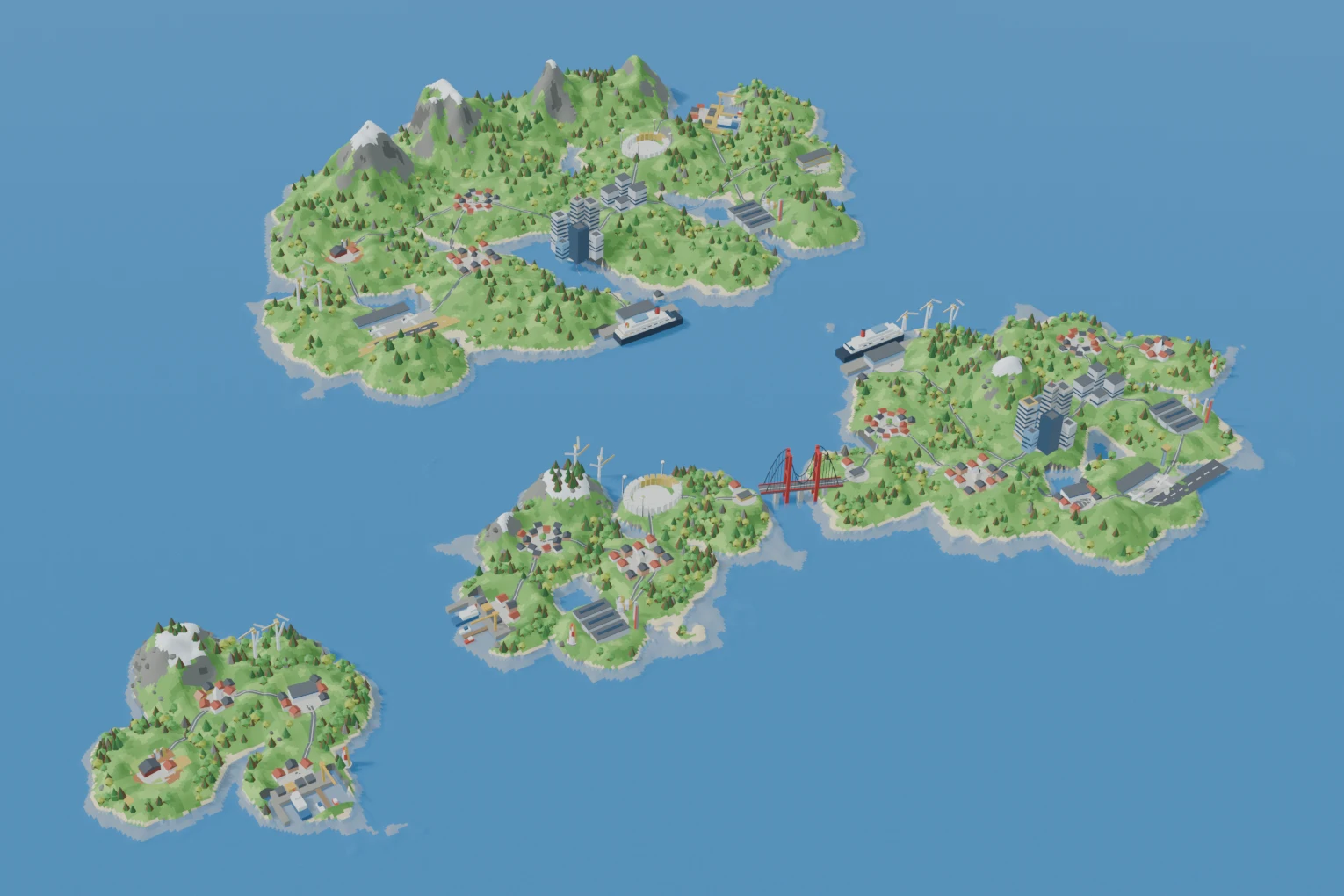 An isometric map of four green islands in a blue sea. A small island with a village, a wind turbine and an industrial yard lies on its own in the foreground. Behind it an island with warehouses and a dome is tied by a red suspension bridge to a larger one with a high-rise city, a motorway and an airstrip. Further back lies a mountainous island with a stadium, a city and two ferry docks.